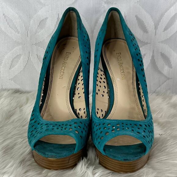 Enzo Angiolini Sully Perforated Suede High Heels Teal Peep Toe Size 9 - Picture 2 of 7